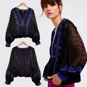 Free People M Boogie All Night Peasant Blouse | Black Lace, Blue Embroidery